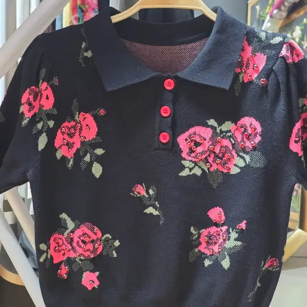 [BUNJANG] Black Knit Rose Cubic Cardigan / 니트검정 바탕에 장미와 큐빅이 있는옷