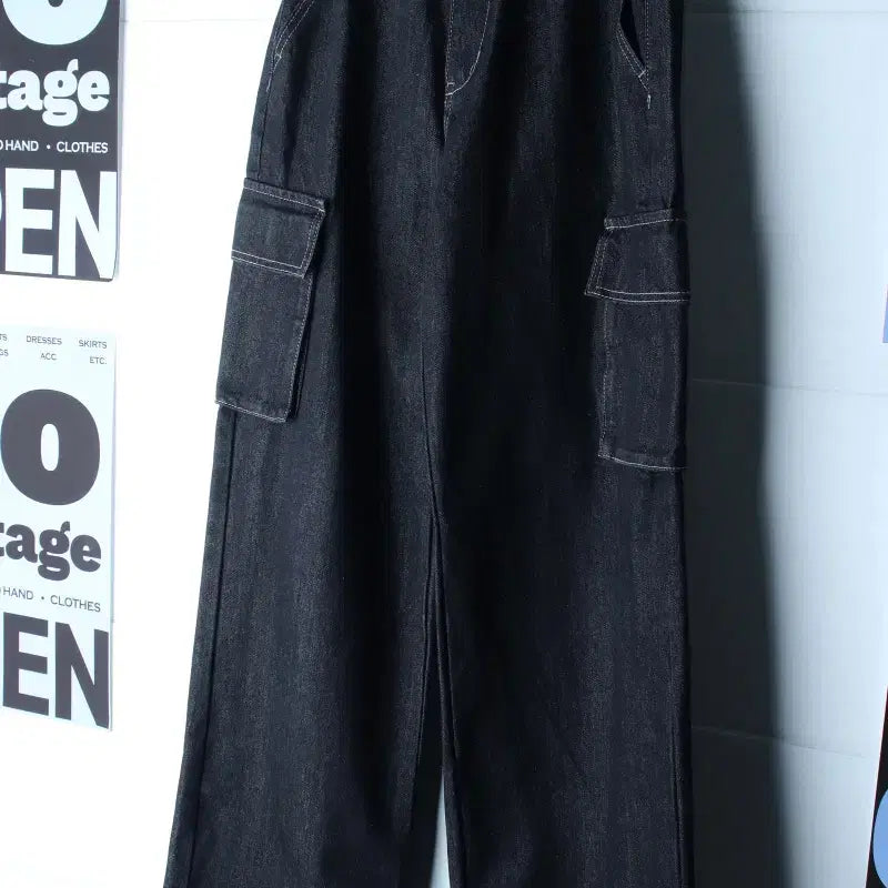 [BUNJANG] Ordinary Denim Cargo Pants Black Stitch / W(S) 오디너리 홀리데이 청바지 데님 카고 흑청 스티치-P10623