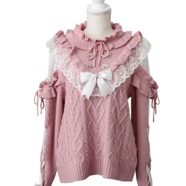 [BUNJANG] Dear My Love Lace-Up Frill Heart Beaded Knit / 판매) 디어마이러브 소매 레이스 업 프릴 하트 비쥬니트 양산형 지뢰계 멘헤라