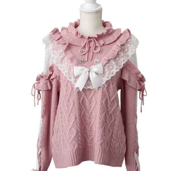 [BUNJANG] Dear My Love Lace-Up Frill Heart Beaded Knit / 판매) 디어마이러브 소매 레이스 업 프릴 하트 비쥬니트 양산형 지뢰계 멘헤라
