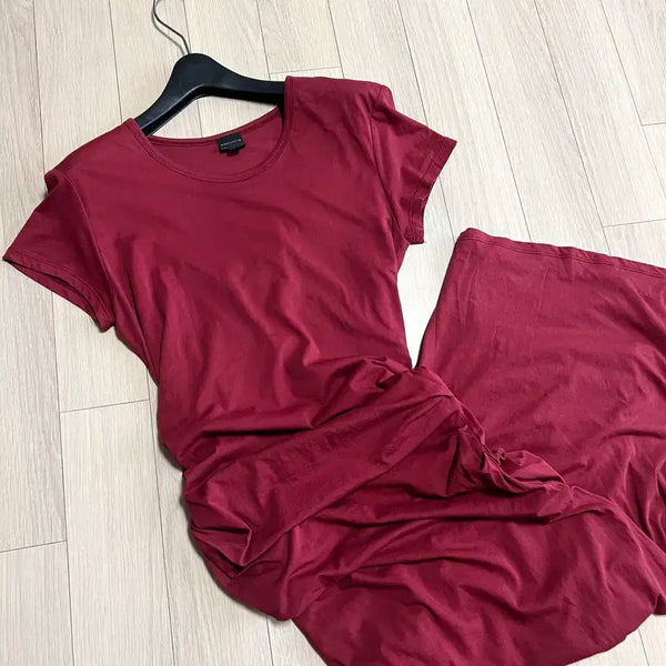 [BUNJANG] MONTTOTTO EZ-Fit Shirring Maxi Dress Short Sleeve / 몽또또 MONTTOTTO 이지핏 셔링 맥시 드레스 드레이프 드레이핑 롱원피스 반팔 로즈 레즈 버건디 와인