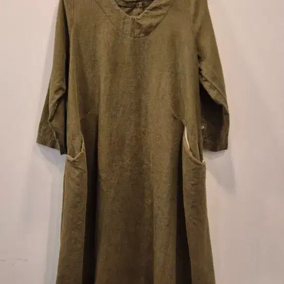 [BUNJANG] Olive Green V-Neck Linen Dress / 올리브 그린 브이넥 린넨 원피스