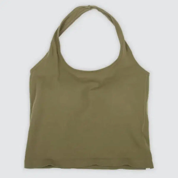 [BUNJANG] Built-in Bra Halter Neck Tank Top - Khaki / 캡내장 홀터넥 나시 카키색상