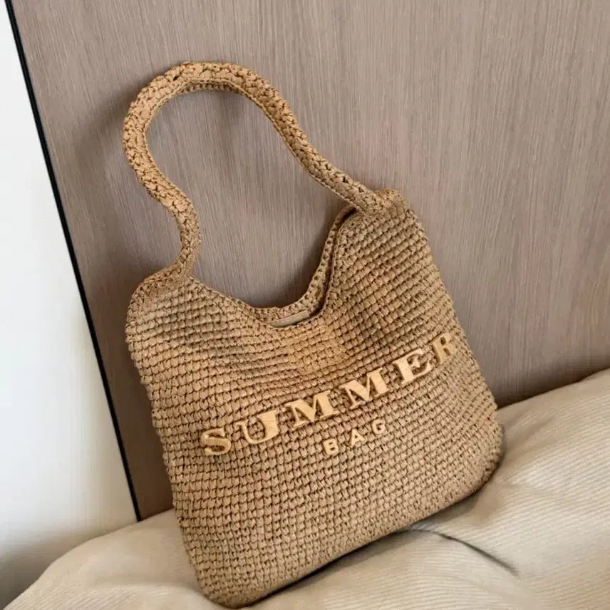 [BUNJANG] Beige Knit Raffia Shoulder Bag / 여름 데일리 라탄 숄더백 / 베이지 니트 라피아백