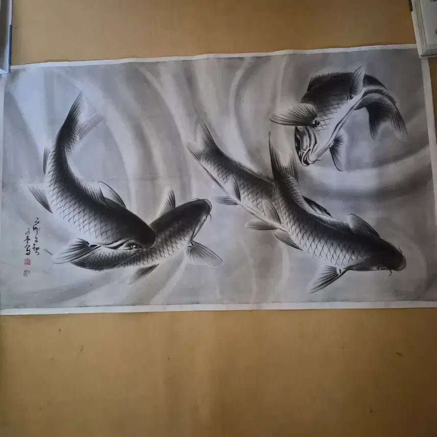 [BUNJANG] Jo Jung-tae 'Eohaedo' (Fish Scape) Silk Painting / 우당 '조중태'화백의 어해도(일명 어낙도)