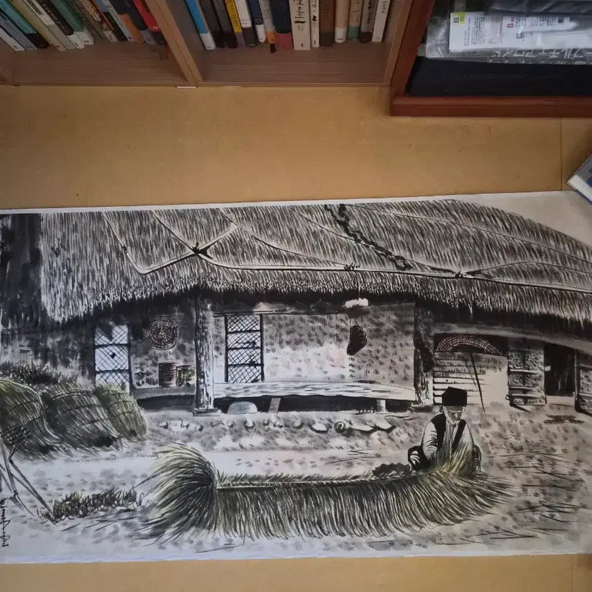 [BUNJANG] Kim Jae-il 'Farmer's Threshing Scene' Ink and Wash Painting / 수묵담채화 '농가 타작풍경'