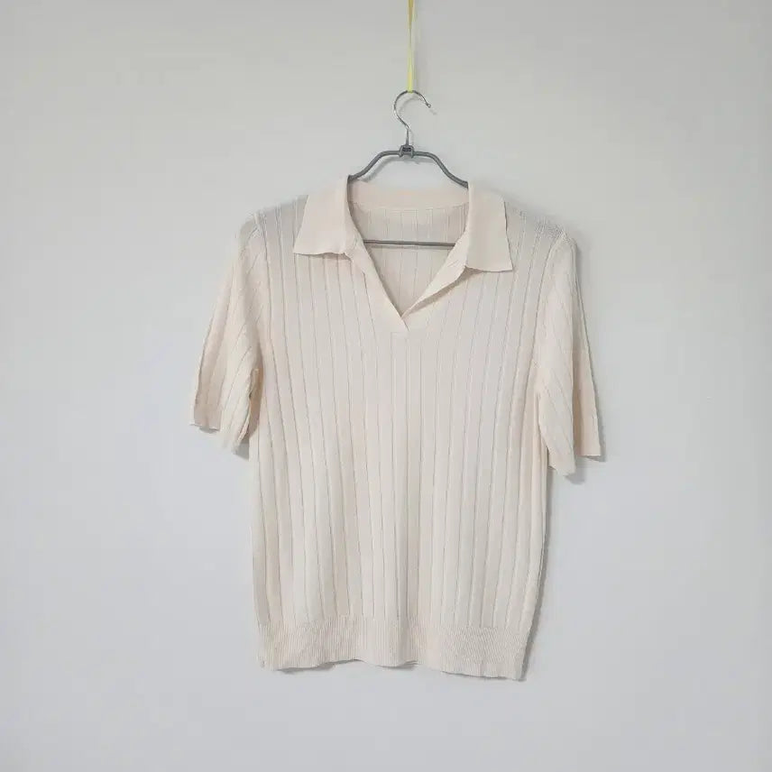 [BUNJANG] Pale Beige Ribbed Collar Short Sleeve Knit / 페일베이지 골지 카라 반팔 니트