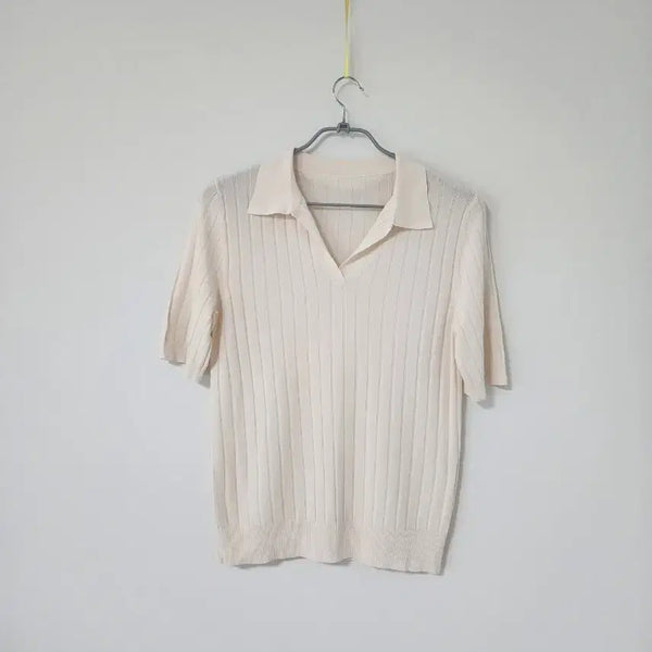 [BUNJANG] Pale Beige Ribbed Collar Short Sleeve Knit / 페일베이지 골지 카라 반팔 니트