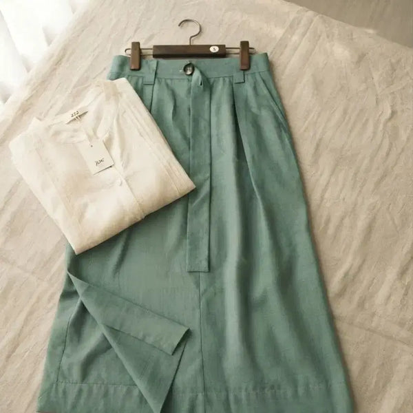 [BUNJANG] Vivienne Westwood Linen Blend Button Detail Skirt (Green, Size 40) / 비비안웨스트우드 버튼 포인트 린넨 혼방 스커트 (그린 / SIZE 40)