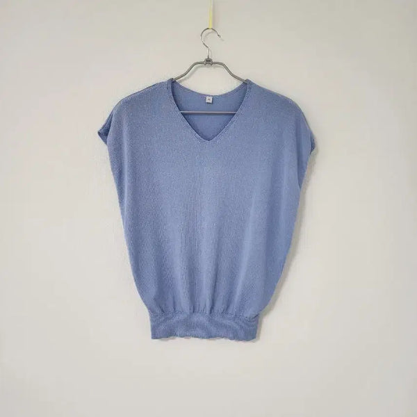 [BUNJANG] V-Neck Short Sleeve Knit Top - Blue / 깔끔한 V넥 반팔 니트 블루