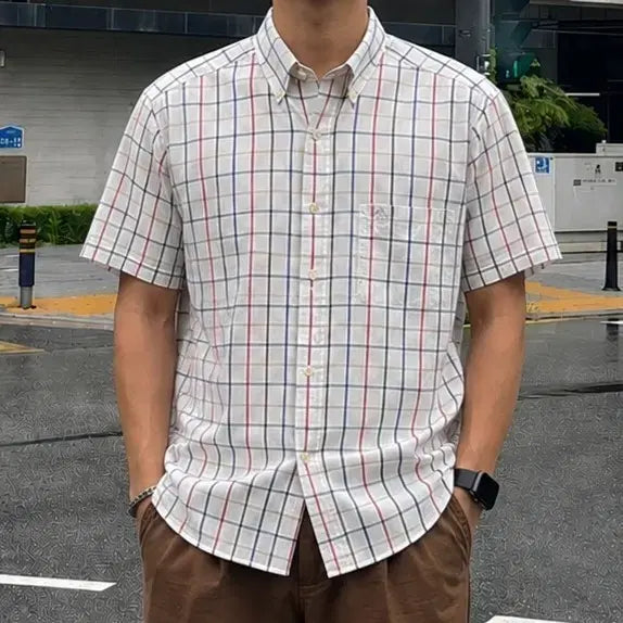 [BUNJANG] Burberry White Tattershall Check Short Sleeve Shirt / 95 BURBERRY 버버리 반팔 셔츠 화이트 타타솔 멀티 체크