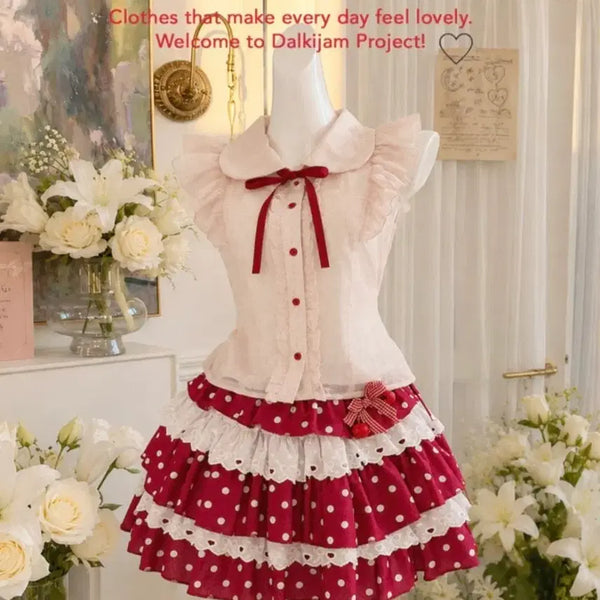 [BUNJANG] Strawberry Jam Project Cranberry Dot Frill Set / [딸기잼프로젝트] 크랜베리 도트 프릴 세트