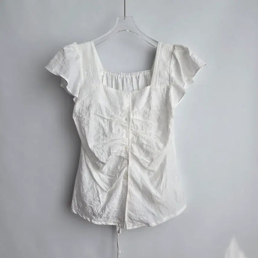 [BUNJANG] White Square Neck Shirring Blouse (Free Size) / 1433 화이트 스퀘어넥 셔링 블라우스 F