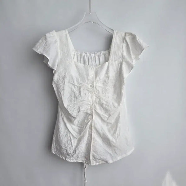 [BUNJANG] White Square Neck Shirring Blouse (Free Size) / 1433 화이트 스퀘어넥 셔링 블라우스 F