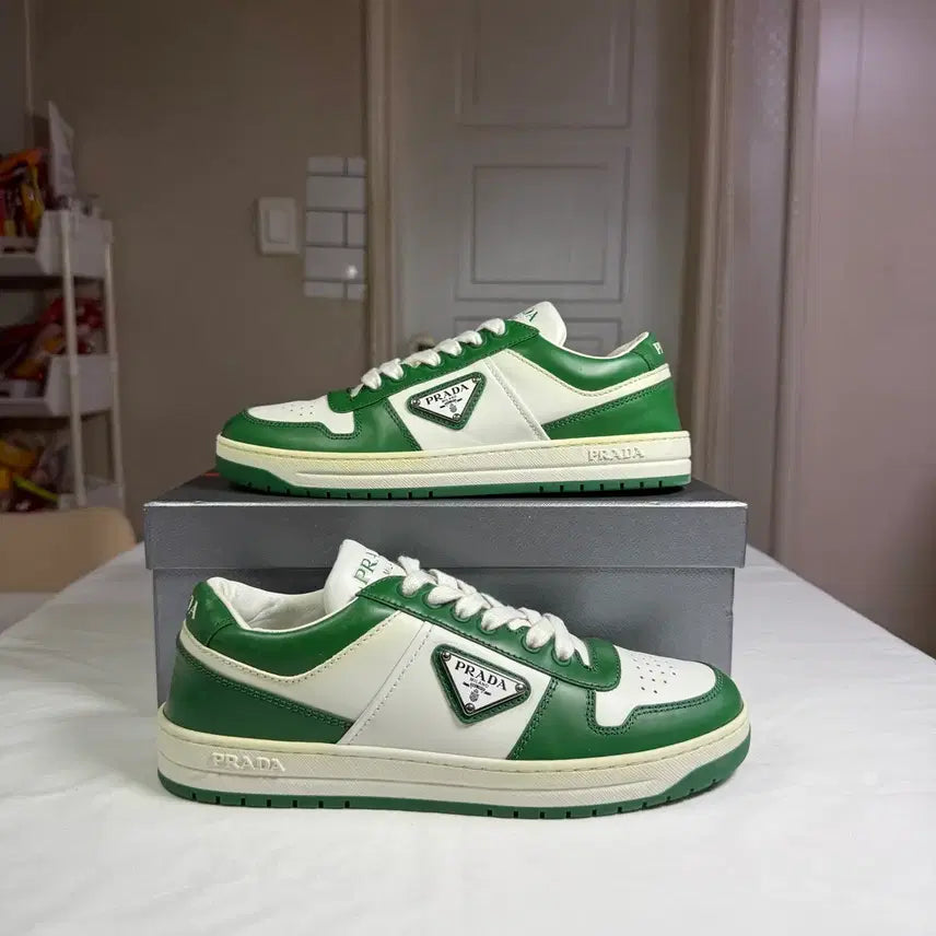 [BUNJANG] Prada Downtown Leather Sneakers White Mango Green Size 38 / { 38 / W } 프라다 다운타운 레더 스니커즈