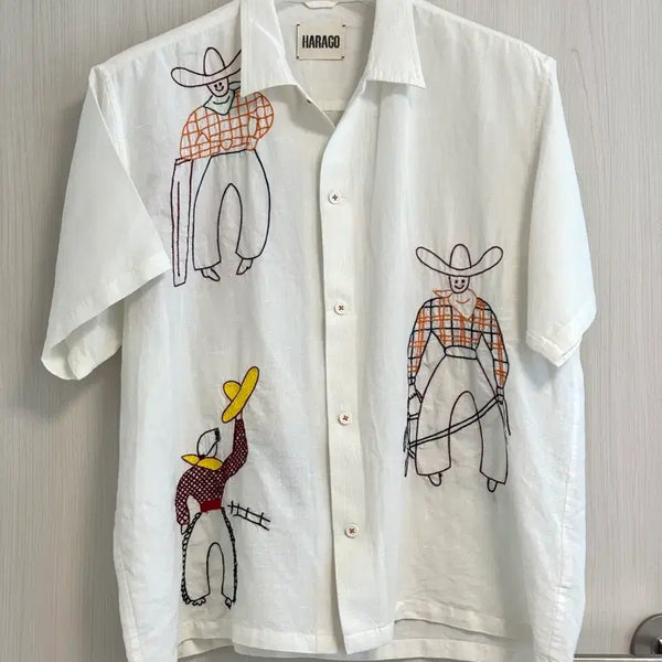 [BUNJANG] HARAGO Cowboy Embroidery Short Sleeve Shirt / HARAGO 카우보이 자수 반팔 셔츠