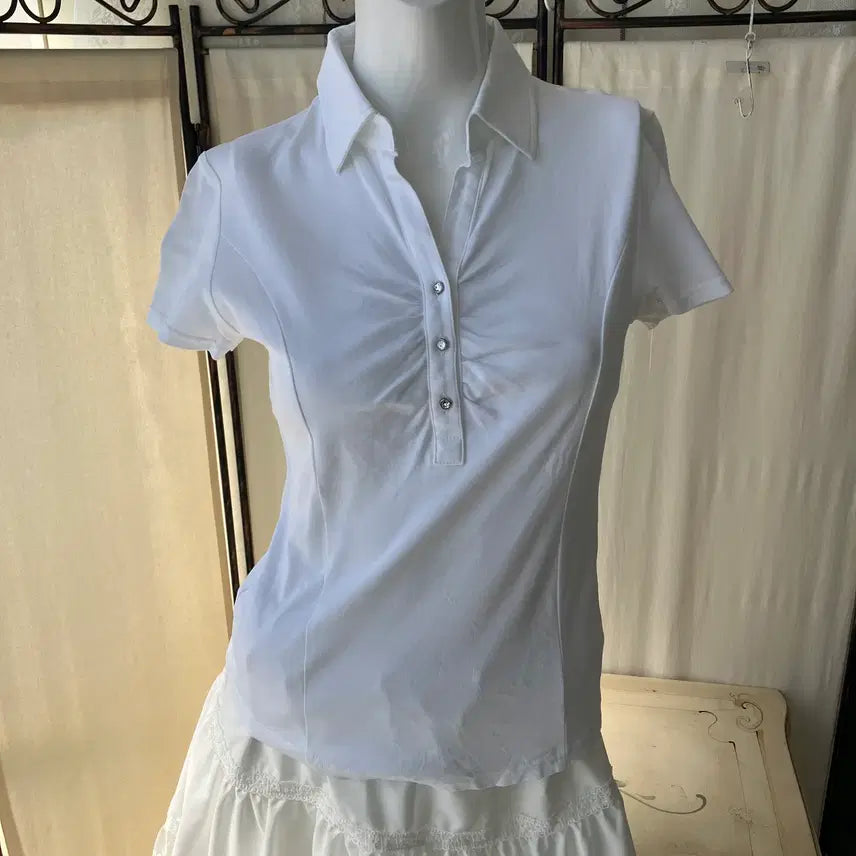 [BUNJANG] Vintage Beads Button Slim Fit Short Sleeve / beads button slim fit short sleeve