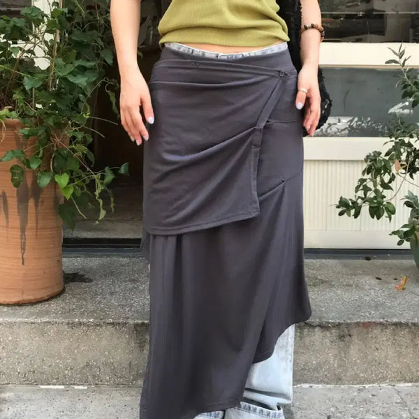 [BUNJANG] Heavy브 Nova Multi-Layered Drape Wrap Skirt Charcoal / 헤비브 노바 멀티 레이어드 드레이프 랩 스커트 차콜