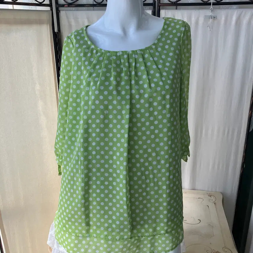 [BUNJANG] Vintage Lime Dot Ribbon Shirring Blouse / lime dot ribbon shirring blouse