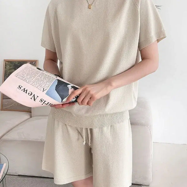 [BUNJANG] Knit Short Sleeve Set Beige / 새상품) 니트 반팔 세트 베이지