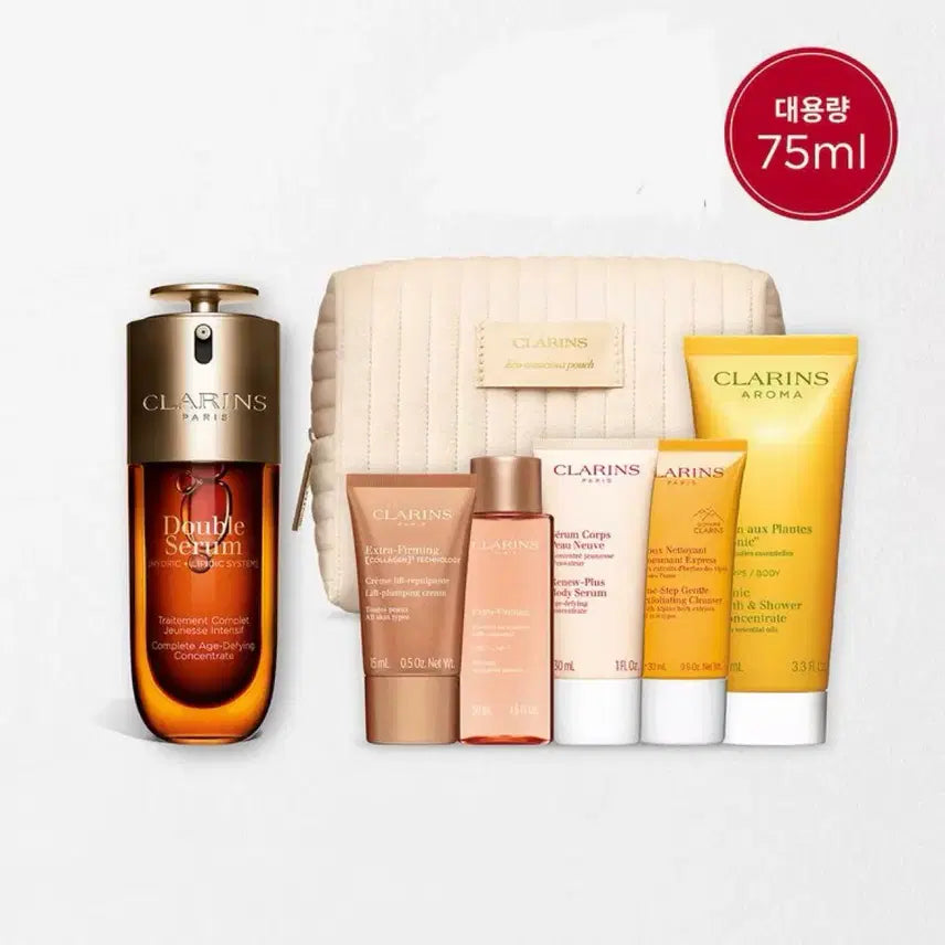 [BUNJANG] Clarins Double Serum 75ml Set with Body Wash, Deluxe Samples, and Pouch / 신세계정품 새상품 클라랑스 더블세럼 75ml 세트 (+바디워시100ml&디럭스4종&파우치)