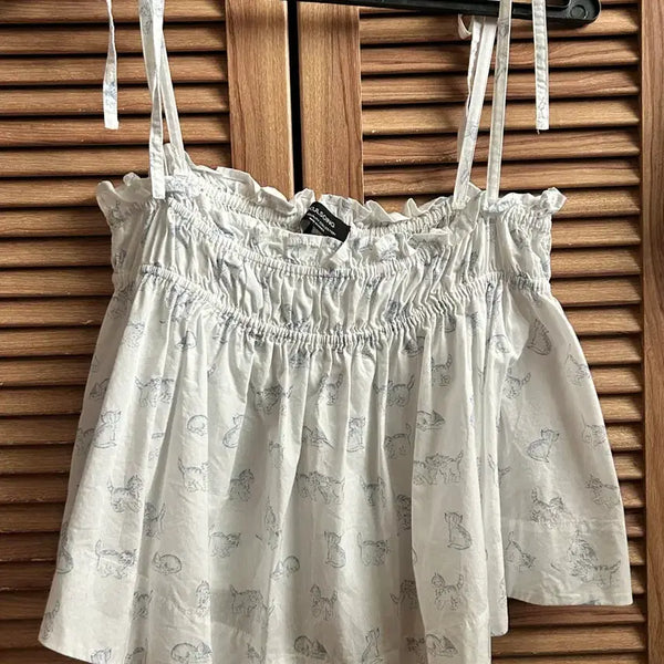 [BUNJANG] KKULSOING Cat Pattern Sleeveless Shorts Set / 꿀소잉 KKULSOING 고양이 패턴 나시 반바지 세트 S