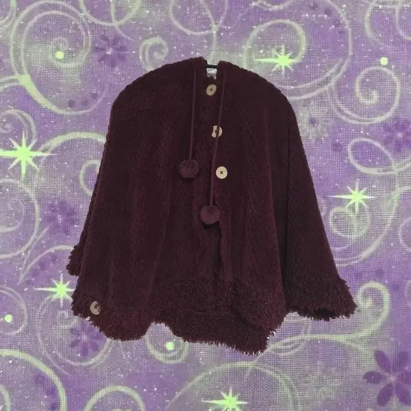 [BUNJANG] Vintage Burgundy Hooded Cape Poncho / [빈티지] 와인 버건디 뽀글이 후드 케이프 망토 히메갸루 오네갸루 하구미 바선생 사와코 모리