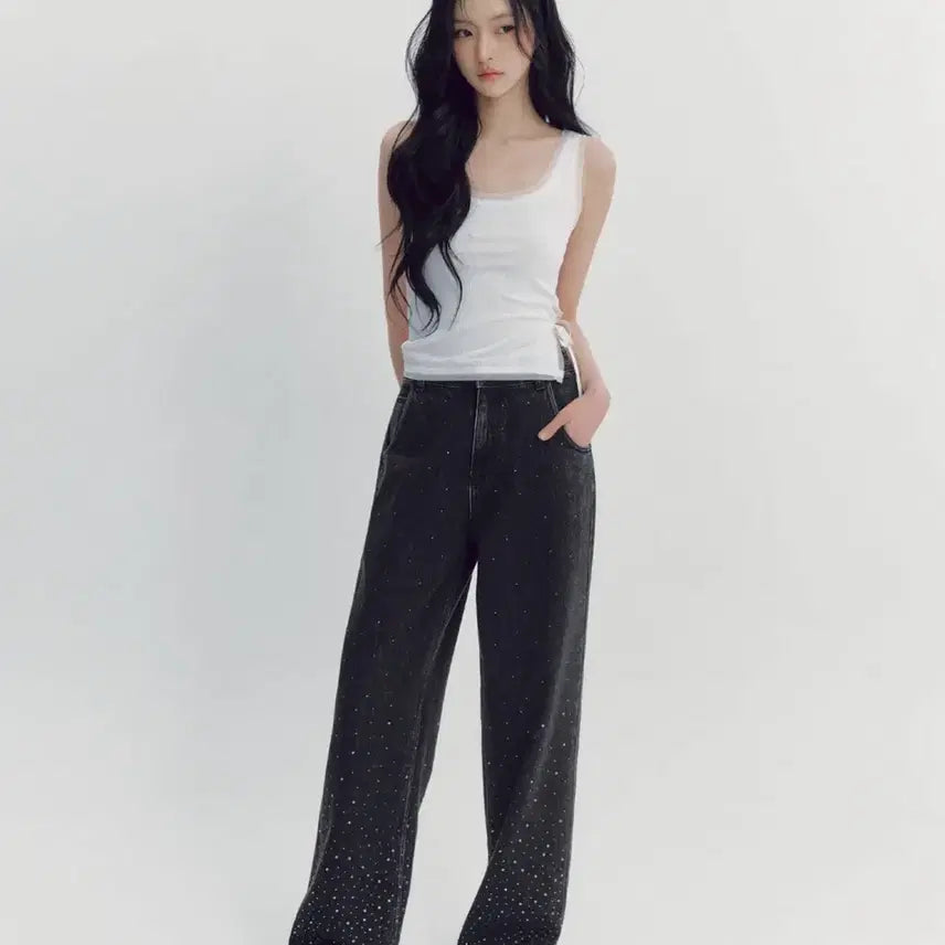 [BUNJANG] Thetis Twinkle Crystal Semi-Wide Denim M-Short / 더티스 트윙클 크리스탈 세미와이드 데님