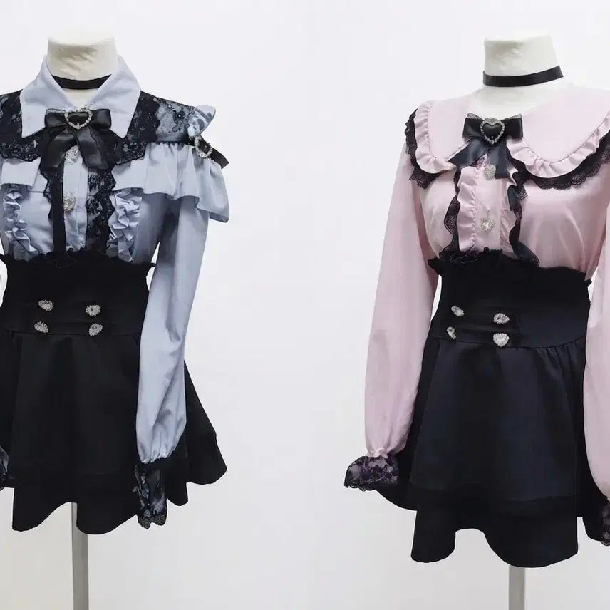 [BUNJANG] Jirai Kei Set - Pink & Sky Blue Blouses, Black Skirt / 지뢰계세트 전부 핑크 하늘블라우스 검정스커트