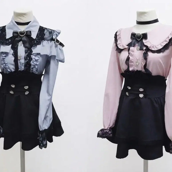 [BUNJANG] Jirai Kei Set - Pink & Sky Blue Blouses, Black Skirt / 지뢰계세트 전부 핑크 하늘블라우스 검정스커트