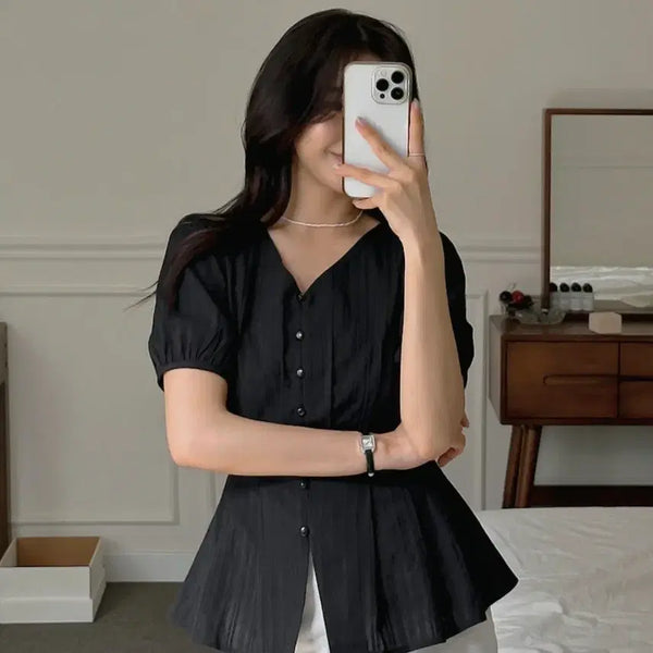 [BUNJANG] Cotton V-Neck Blouse / 코튼 브이넥 블라우스