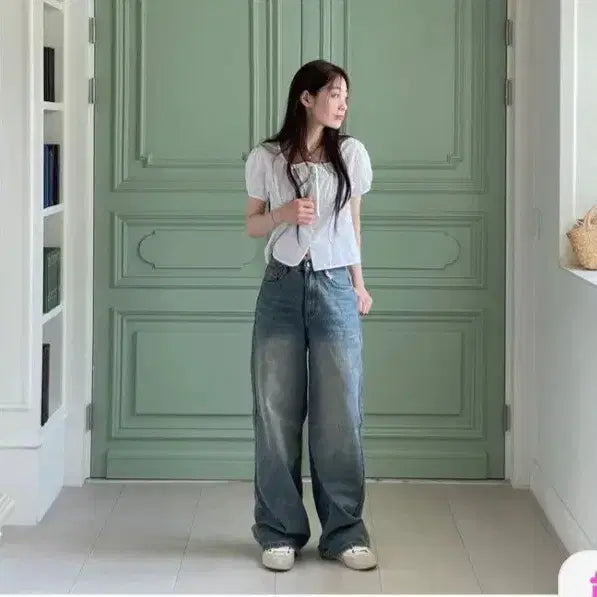 [BUNJANG] Comfortable Wide Denim Pants with Vintage Wash and Back Banding / 보통의 날 컴포터블 뒷밴딩 빈티지 워싱 와이드 데님 팬츠