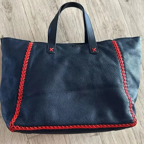 [BUNJANG] Tory Burch Medium Whipstitch Embossed Leather Tote Bag - Navy with Red Stitching / 토리버치 미디움휩스티치 엠보싱가죽 토트백 네이비 레드 스티치
