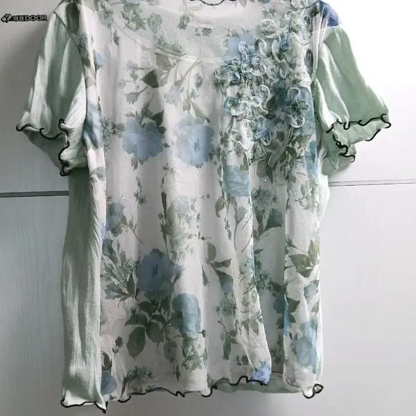 [BUNJANG] Floral Mint Fairy Blouse / 플로럴 민트 페어리 블라우스