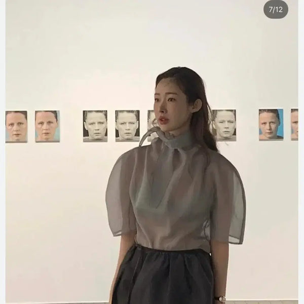 [BUNJANG] Amoment Style See-through Blouse & Midi Pleated Skirt Set / 아모멘트 스타일 블라우스 + 미디플리츠스커트