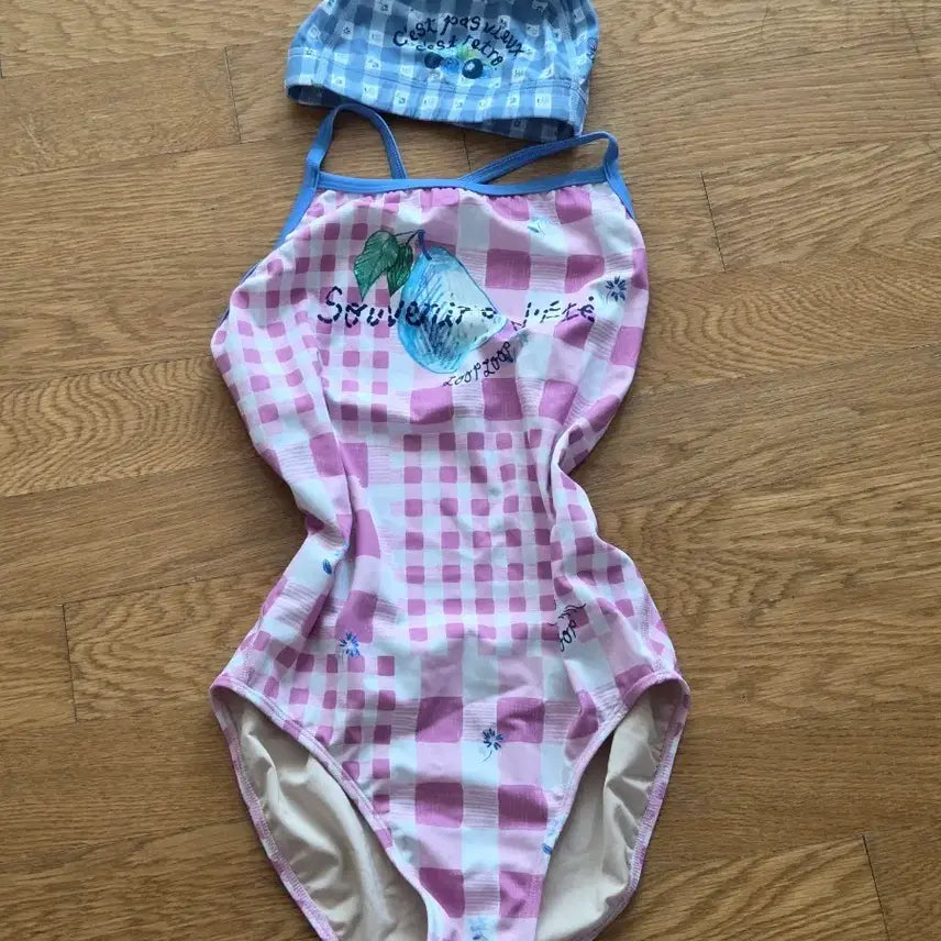 [BUNJANG] Looploop x saki Collaboration Checkered Swimsuit and Swim Cap Set / (깨끗)루프루프 saki 콜라보 체크무늬 수영복 수영모 세트