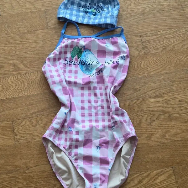 [BUNJANG] Looploop x saki Collaboration Checkered Swimsuit and Swim Cap Set / (깨끗)루프루프 saki 콜라보 체크무늬 수영복 수영모 세트