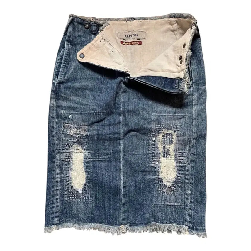 [BUNJANG] KAPITAL Vintage Damage Repair Denim Skirt Indigo XS / 캐피탈 빈티지 데미지 리페어 데님 스커트 인디고 XS