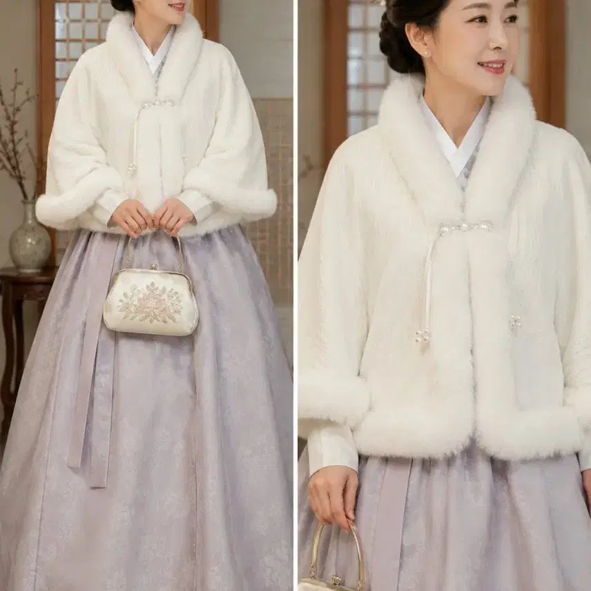 [BUNJANG] White Fur Trimmed Hanbok Bolero Jacket / 화이트 퍼 재킷 털 배색 한복 볼레로 새상품