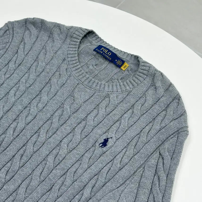 [BUNJANG] Polo Ralph Lauren QR Cable Knit Cotton Sweater - Grey (M) / 폴로 랄프로렌 신형 큐알 케이블 니트 코튼 스웨터 그레이 M 95