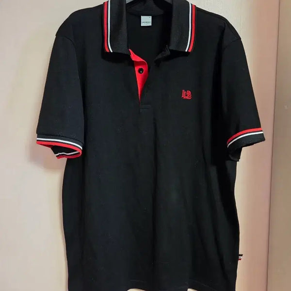 [BUNJANG] DongSoo Sports Black Polo T-Shirt with Red and White Stripe Detail / 이동수스포츠 폴로티셔츠