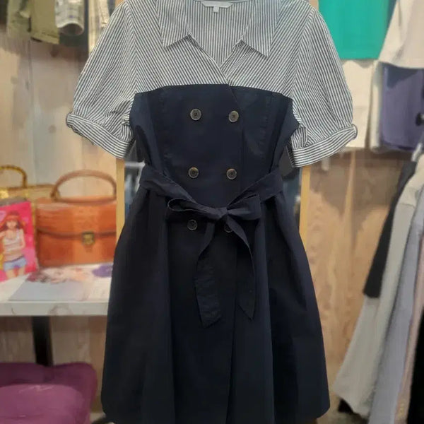 [BUNJANG] Olive des Olive Striped Color-Block Double-Button Wrap Dress / 올리브데올리브 스트라이프 배색 더블버튼 랩 원피스 (55/허리끈포함)