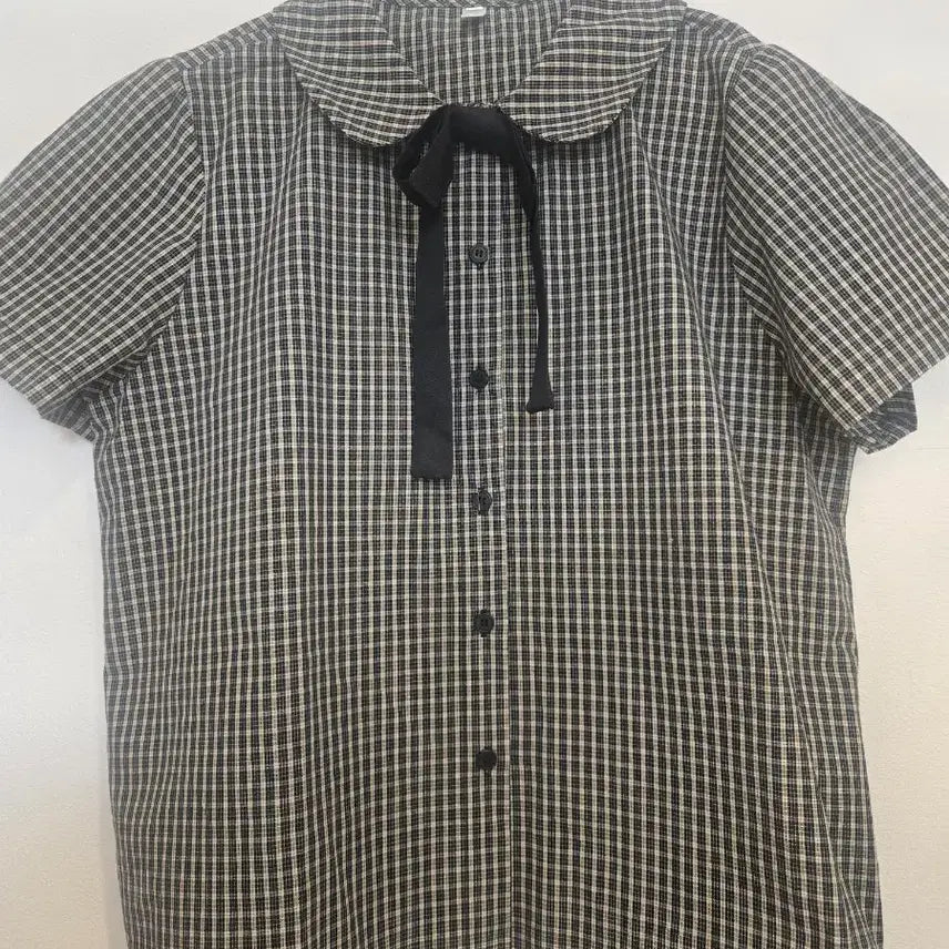 [BUNJANG] Check Ribbon Short-Sleeve Blouse / 체크 리본 반팔 블라우스(새상품)