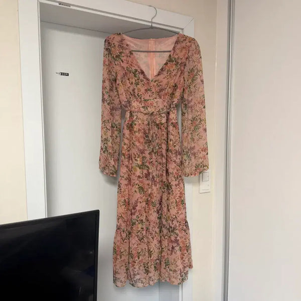 [BUNJANG] Flower Pattern Waist Tie Long Dress - Pink / 플라워 패턴 허리끈 롱 원피스 핑크 의류재고 재고처리 의류처분 땡처리 옷장정리