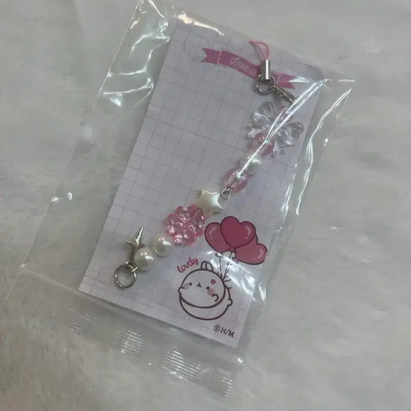 [BUNJANG] Handmade Pink Ribbon Beaded Charm Keychain / 직접만든 비즈키링(덤도 왕창줘요!)