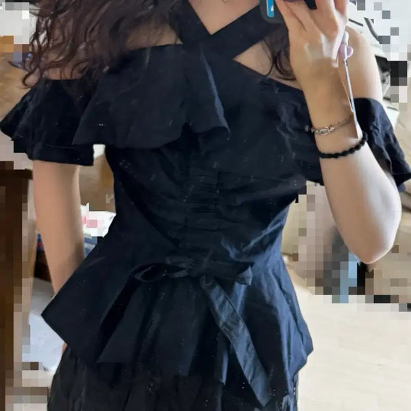 [BUNJANG] Derek Lam Ruffled Shoulder Halterneck Off-Shoulder Summer Blouse Top / 44반 마른55 새상품 데랙램 러플숄더 홀터넥 오프숄더 여름 블라우스 민소매 탑 반팔