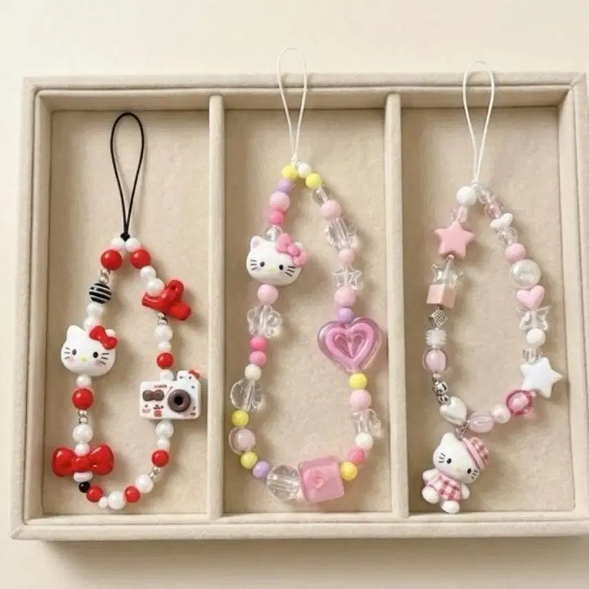 [BUNJANG] Hello Kitty Handmade Beaded Phone Strap (Set of 3) / 키티 비즈 휴대폰 스트랩 3종