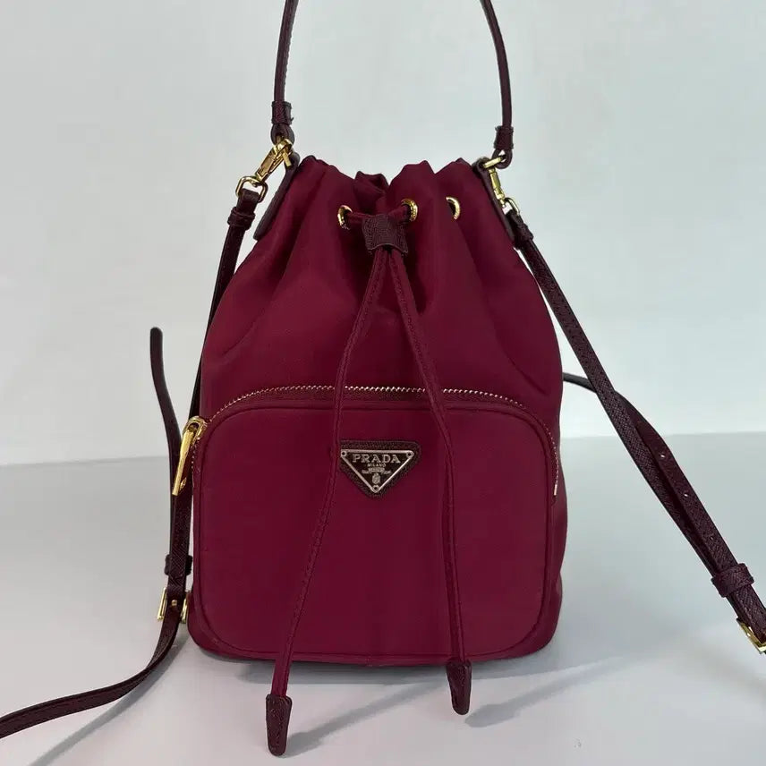 [BUNJANG] Prada Tessuto Nylon Burgundy Bucket Bag / 정품 프라다 테수토 나일론 버건디 버킷백 금장 투웨이 숄더 크로스백