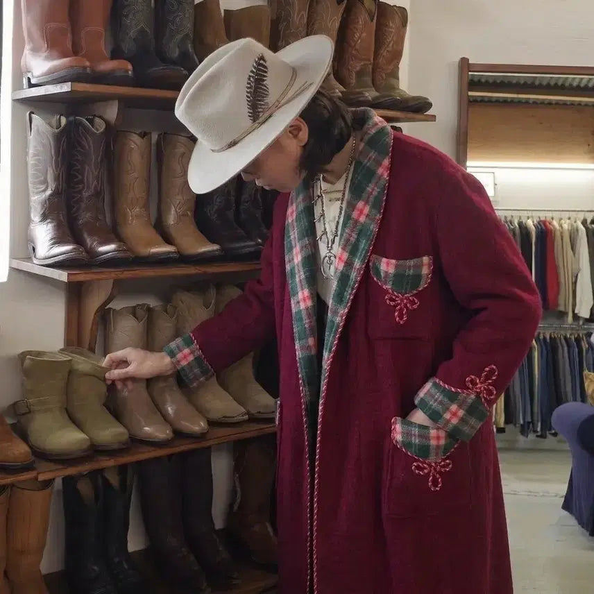[BUNJANG] Vintage Burgundy Tartan Wool Robe Coat / 빈티지 버건디 체크 타탄 울 로브 코트