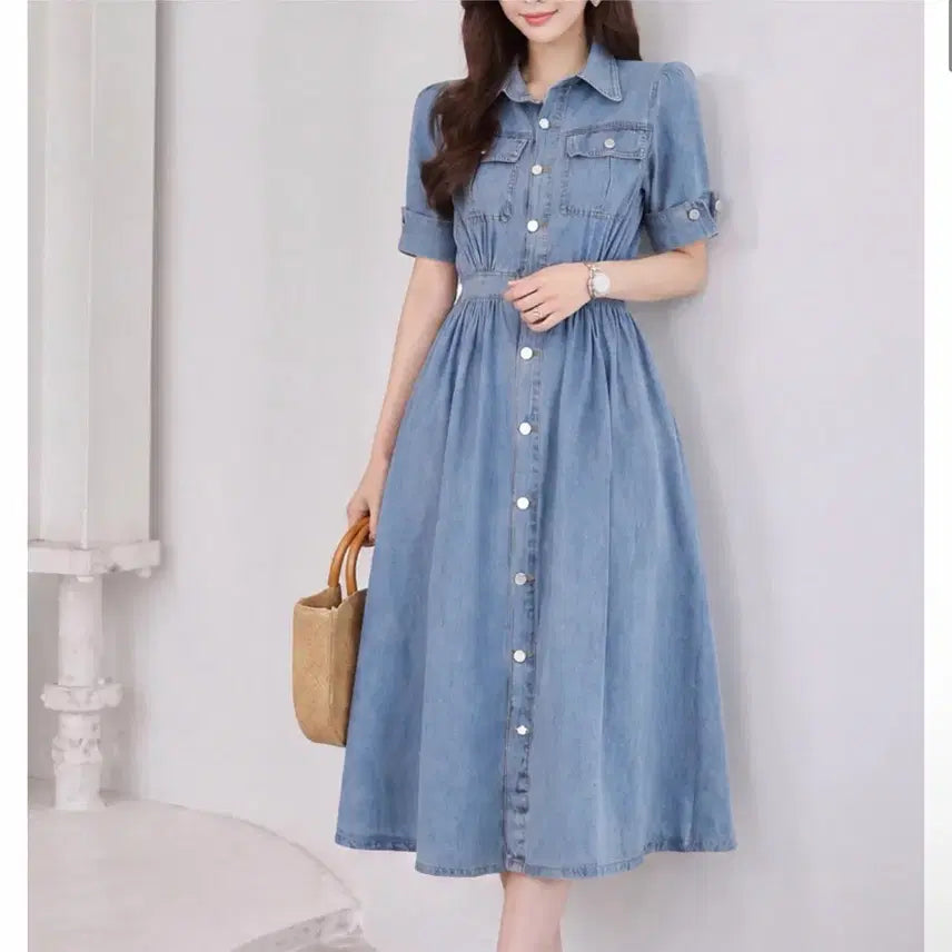 [BUNJANG] Morris Coming Home Capra Sleeve Denim Short Sleeve Flare Dress / 모리스커밍홈 카브라 소매 데님 반팔 플레어 원피스 의류재고 재고처리 의류처분 땡처리 옷장정리
